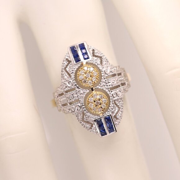 Vintage Art deco Ring Natural Blue Sapphire and Diamonds 18k and silver - Picture 4 of 14